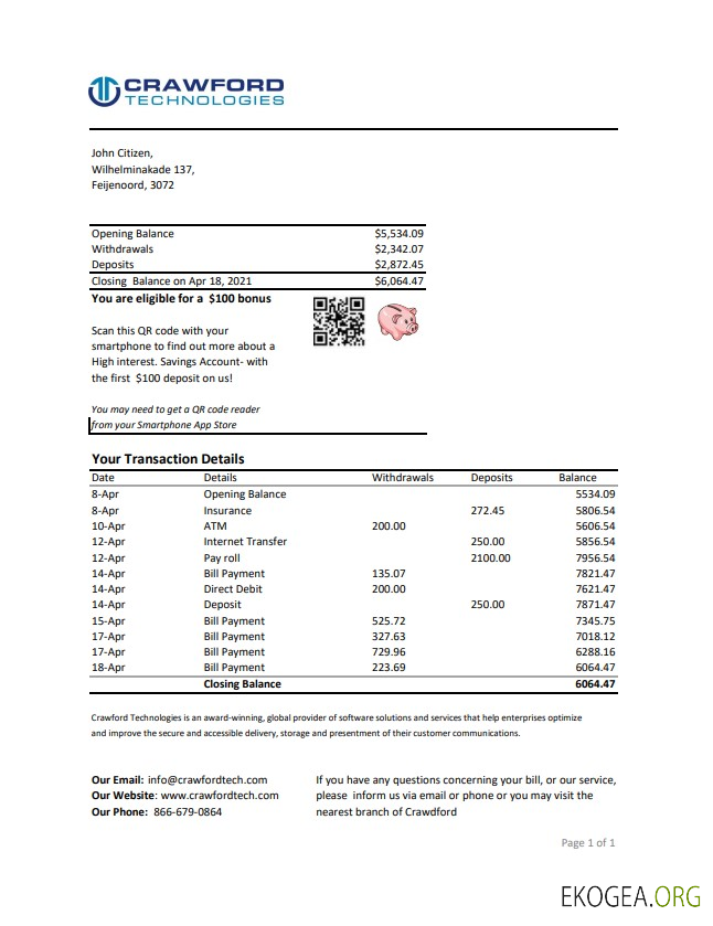 Pays Bas (Hollande) Crawford Technologies Relevé bancaire modèle facile à remplir au format Excel et PDF